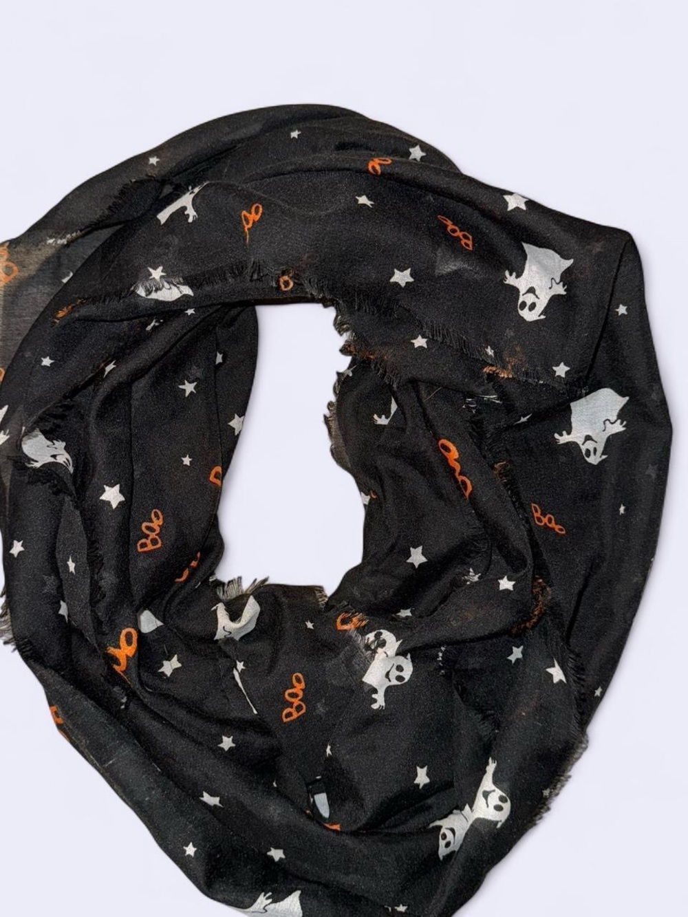 Halloween Ghost “Boo” Infinity Scarf Black Sheer Lightweight Frayed Edge